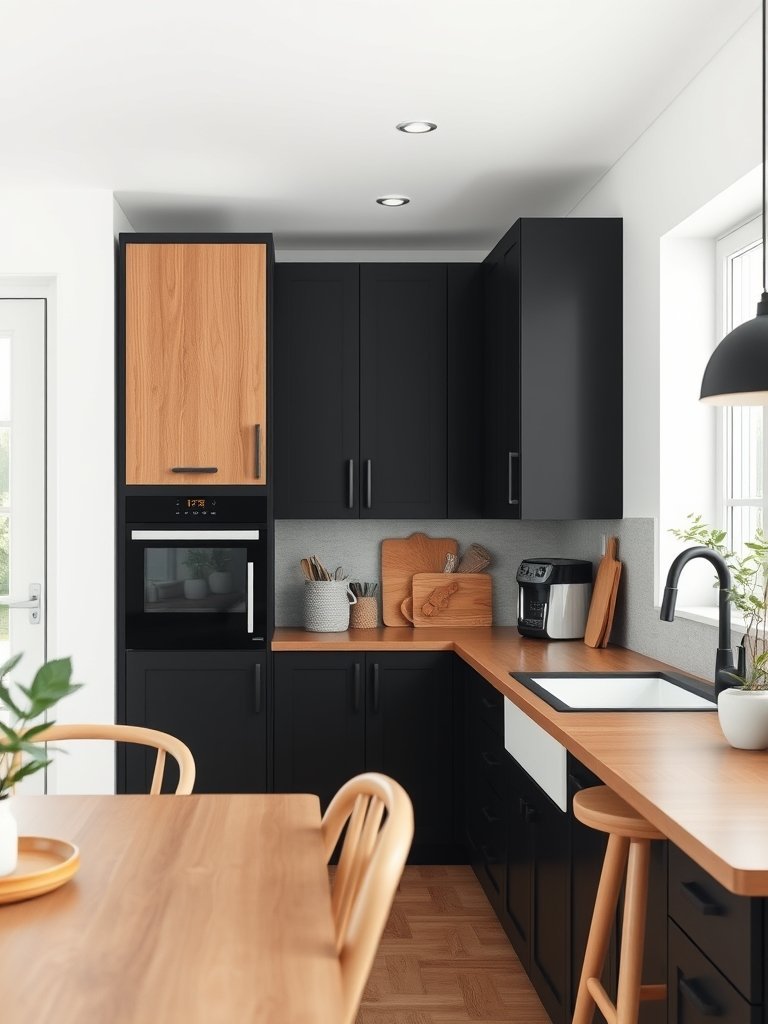 Black Cabinets With Wood Accents