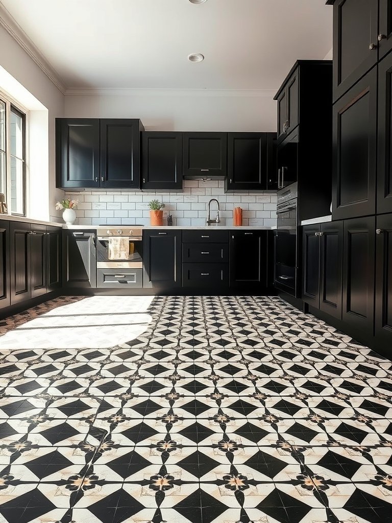 Patterned Floor With Black Cabinets