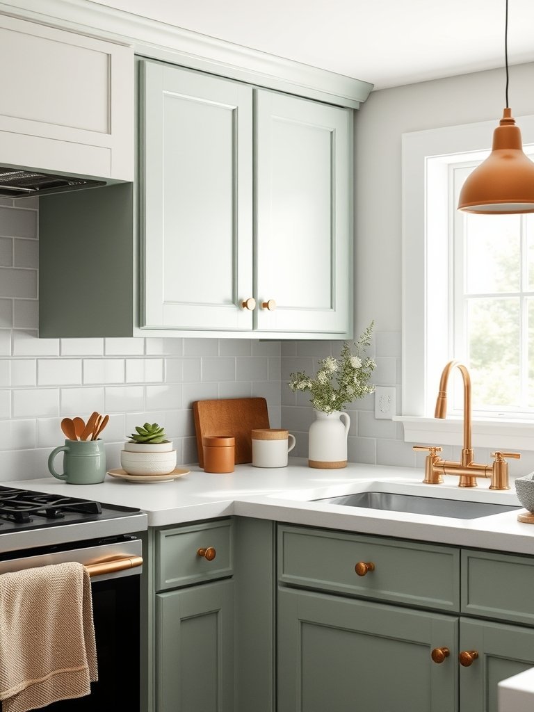 Sage Cabinets And Copper Faucets