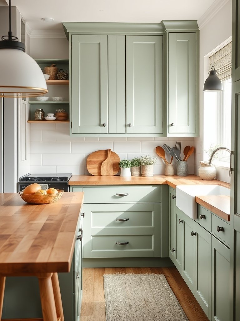 Sage Cabinets With Butcher Block