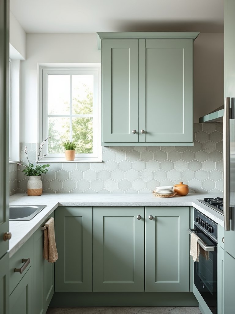 Sage Cabinets With Geometric Tiles