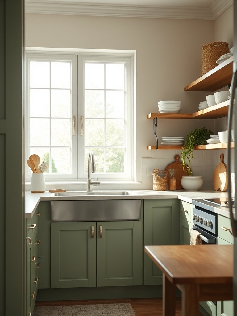 Sage Kitchen With Open Shelving