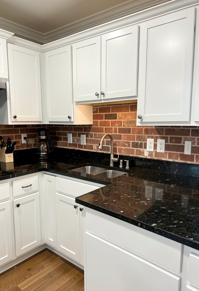 Black Honed Granite with Brick Backsplash