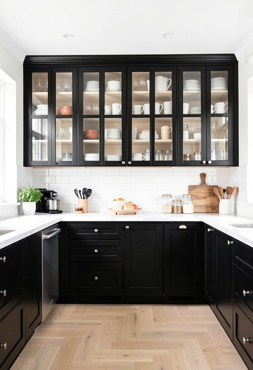 Black Lower Cabinets with Glass Fronts