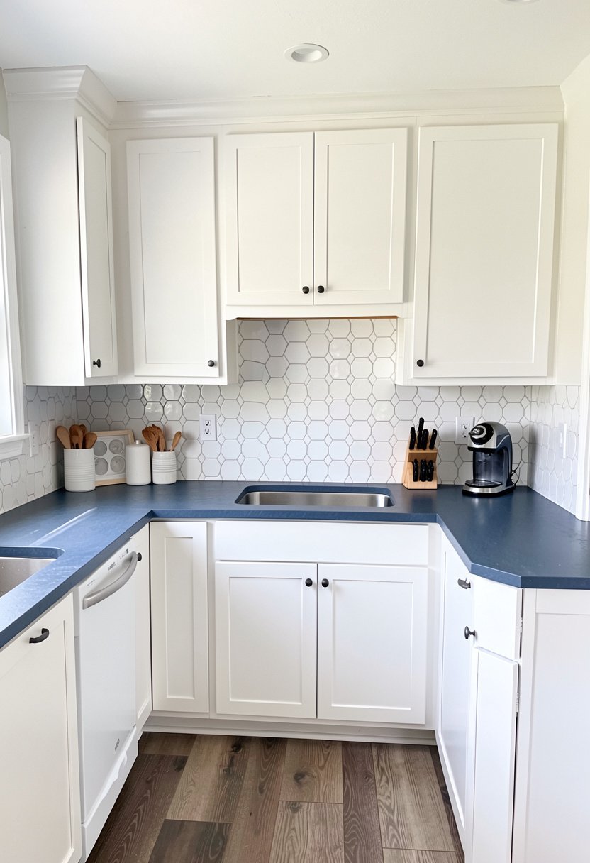 Blue Slate Counters with White Hexagon Tile