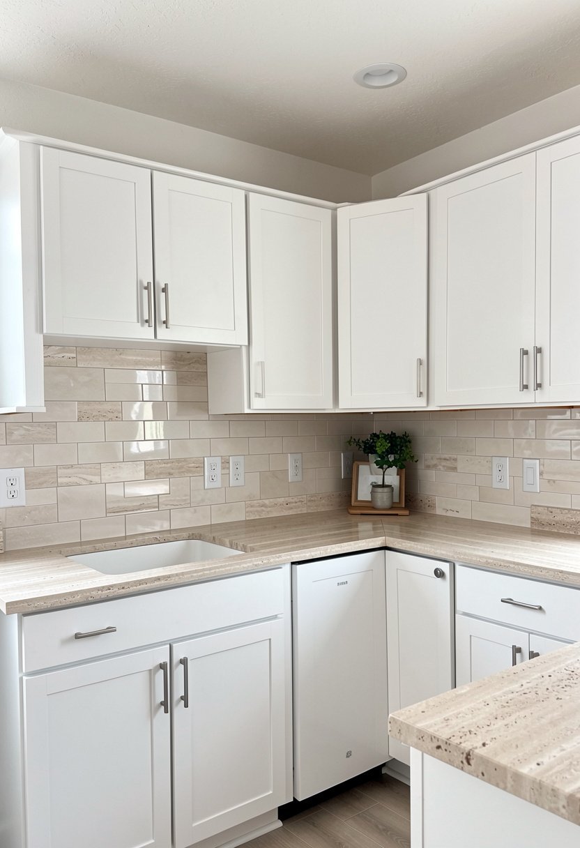 Honed Travertine with Beveled Subway Tile