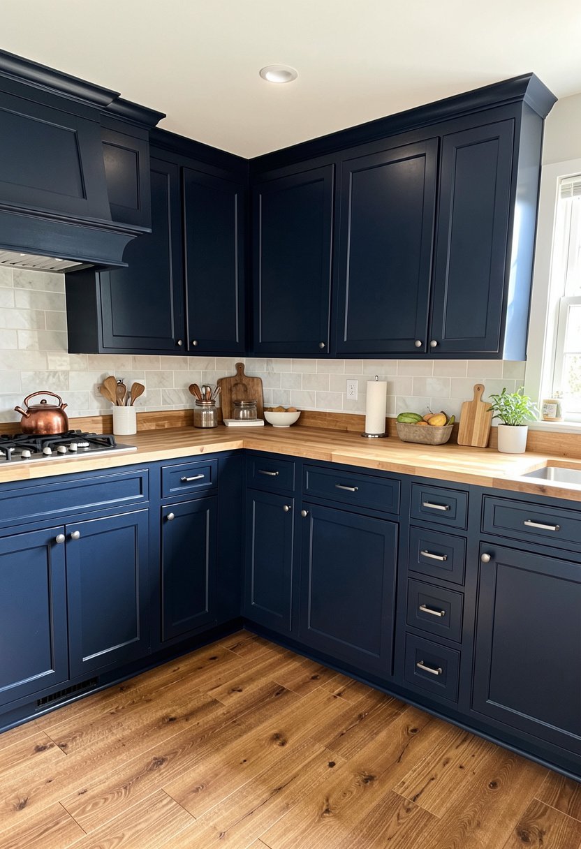 Navy Blue with Butcher Block
