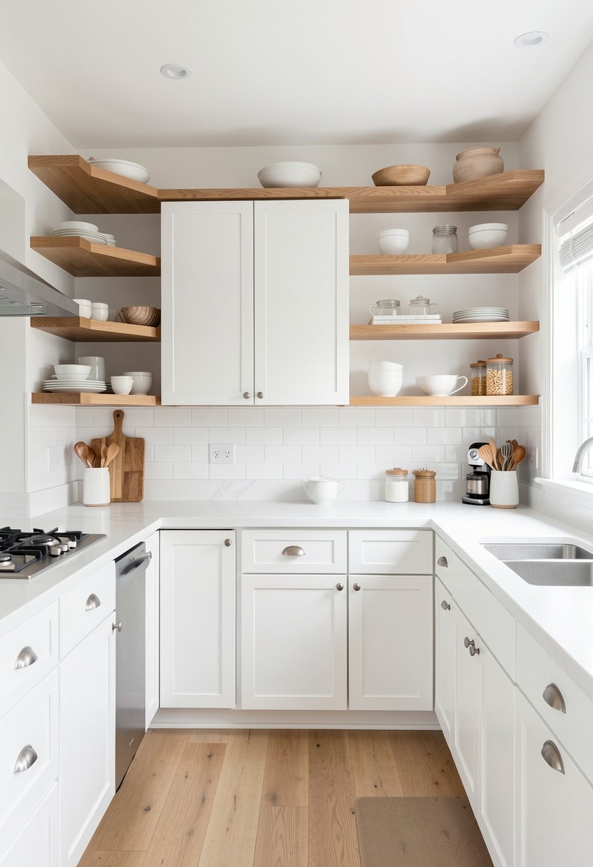 Open Wood Shelving in White Kitchens