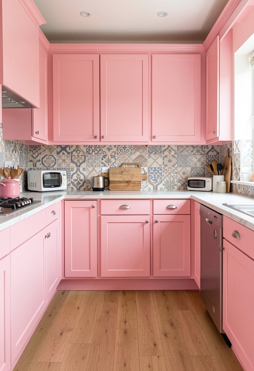 Pink Cabinets with Patterned Tiles