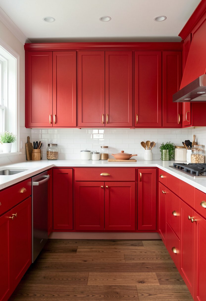 Red Cabinets with Gold Hardware