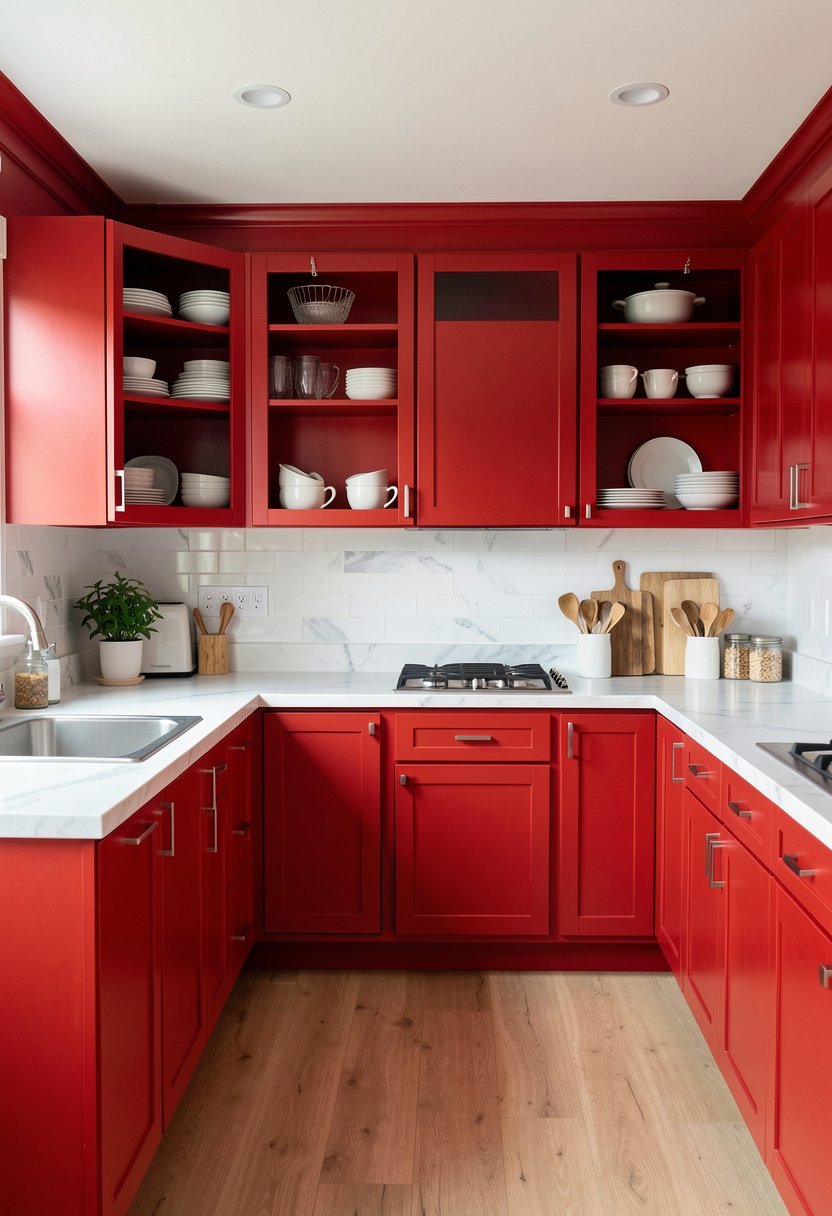 Red Cabinets with Open Shelving