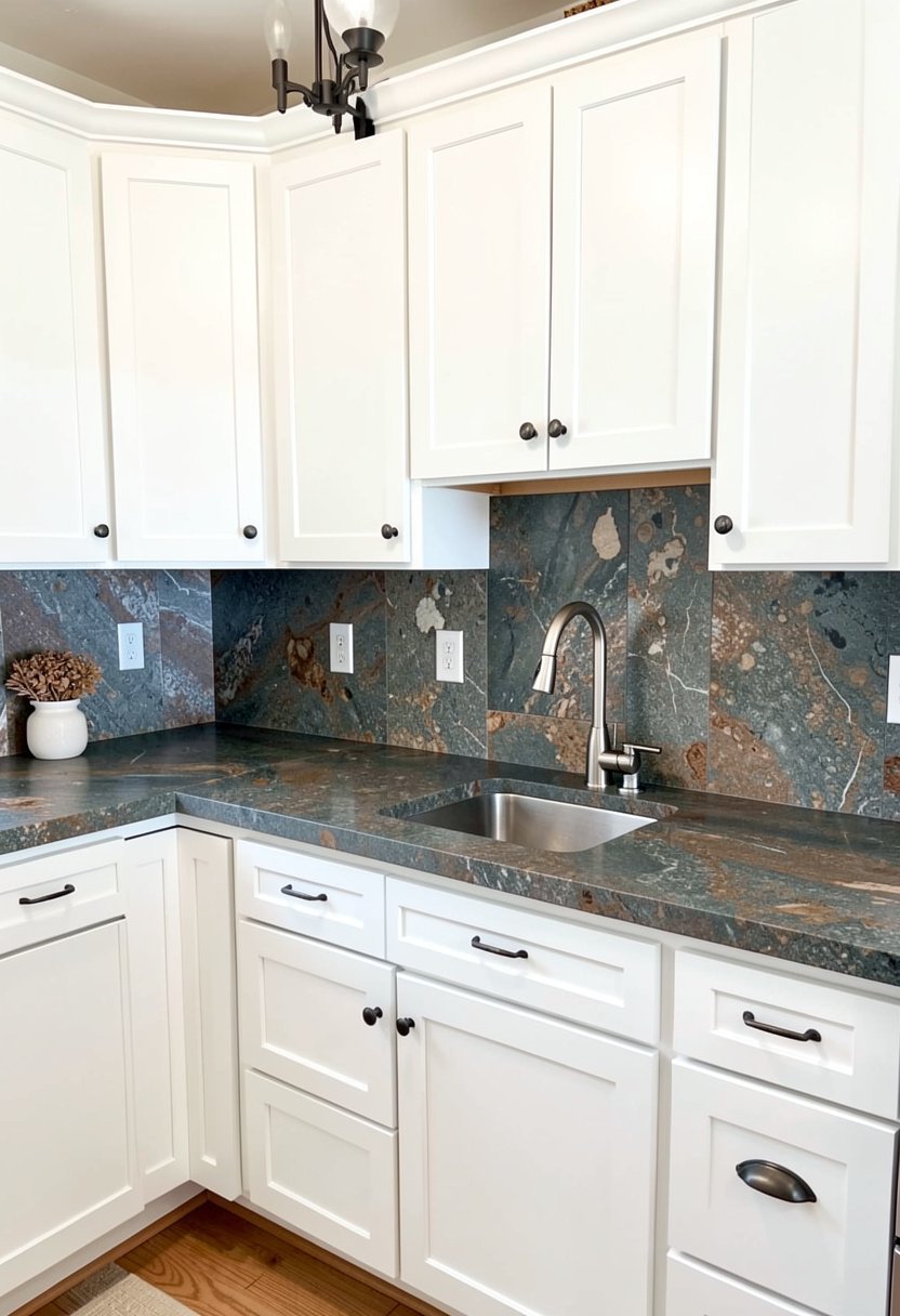 Soapstone Counters with Matching Stone Backsplash