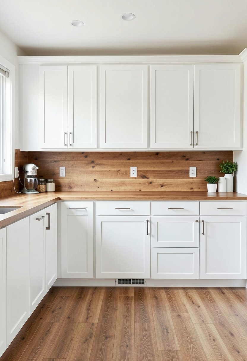 White Cabinetry with a Wood Backsplash