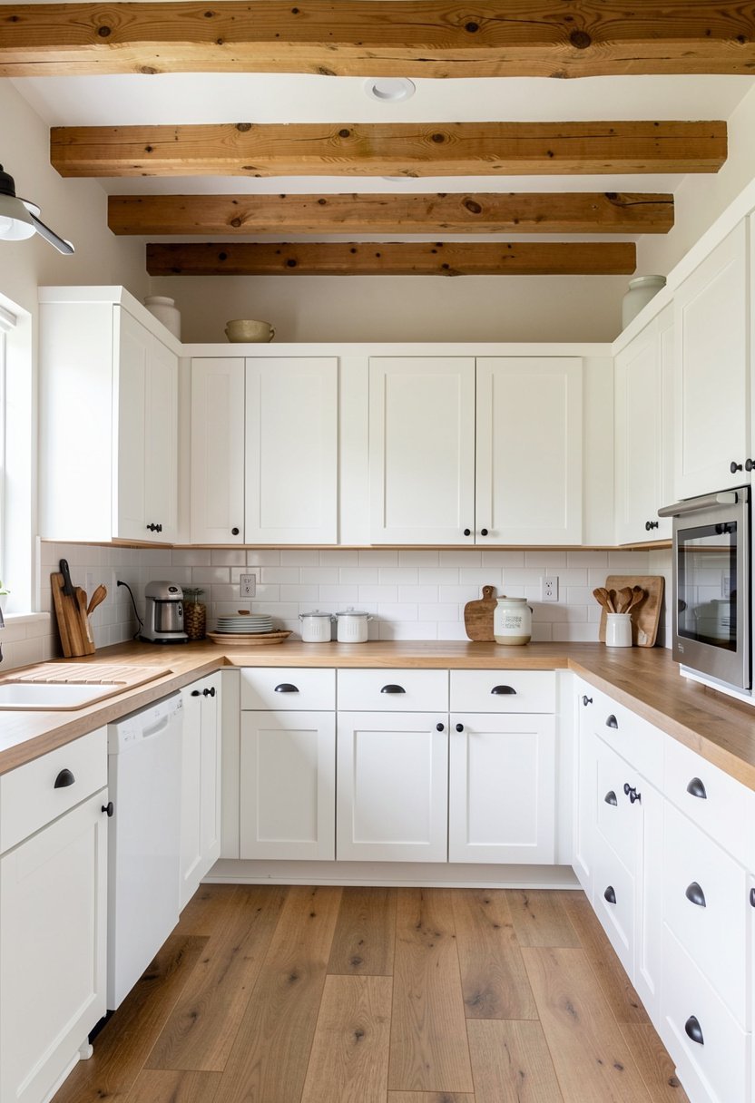 White Cabinets and Wood Ceiling Beams