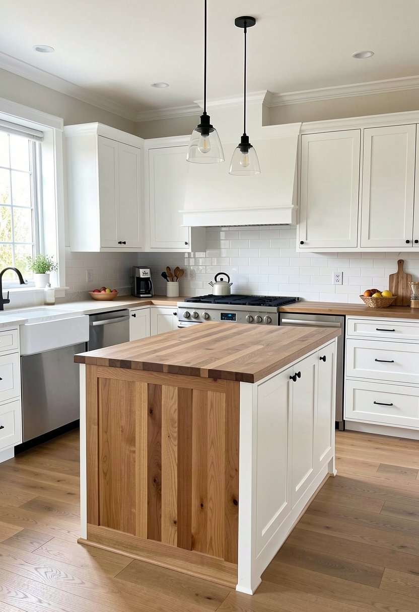 White Perimeter Cabinets with a Wood Island